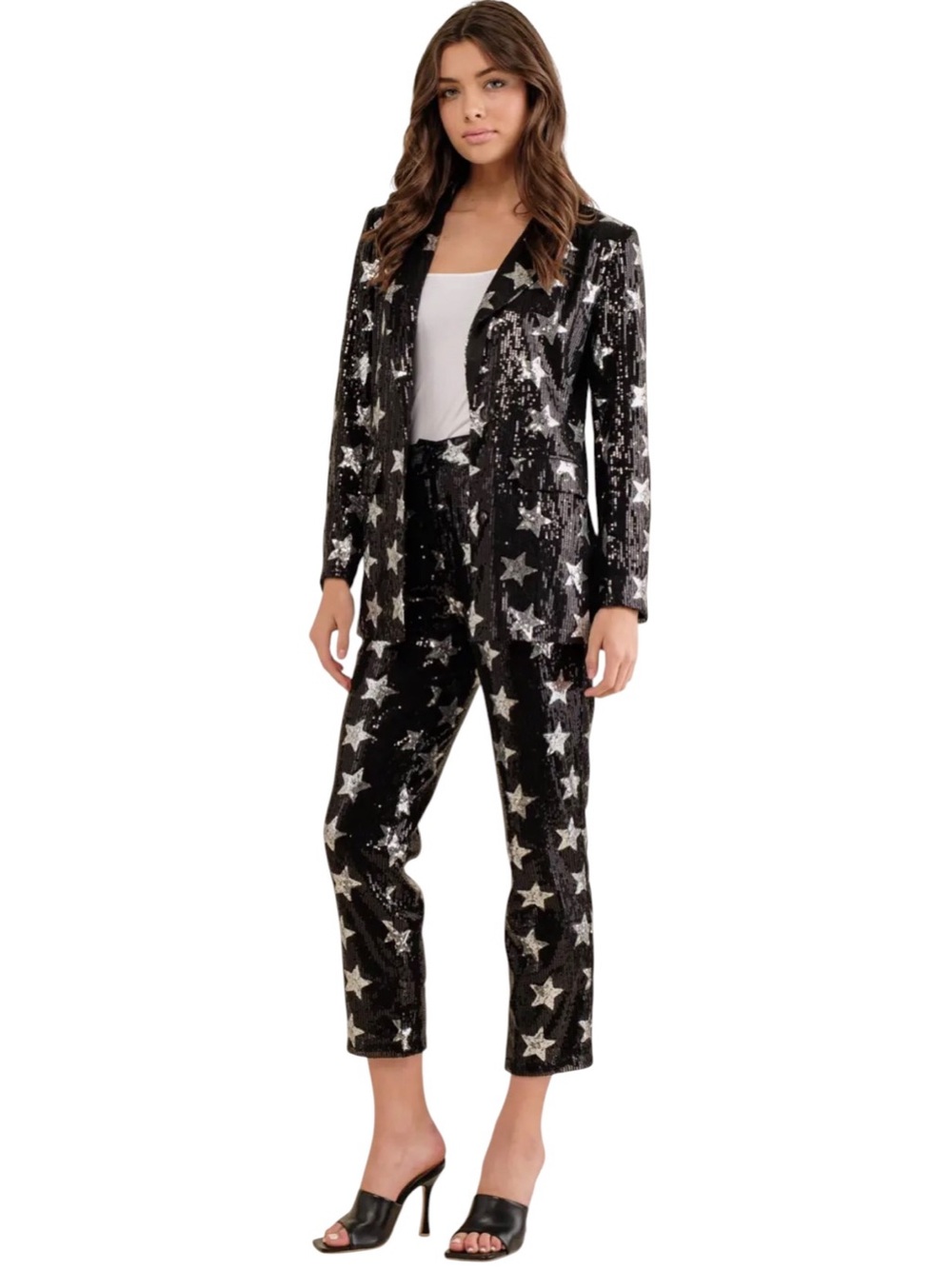 New blue b Allover Black Silver Sequin Star Boyfriend Fit Blazer Western Jacket